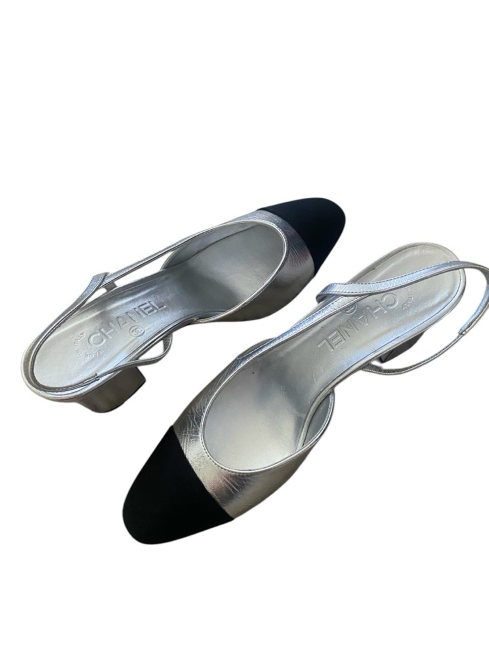 CHANEL Rare Silver Slingback Heels Cap Toe 39 Iconic Pumps Worn 3x - Picture 8 of 16